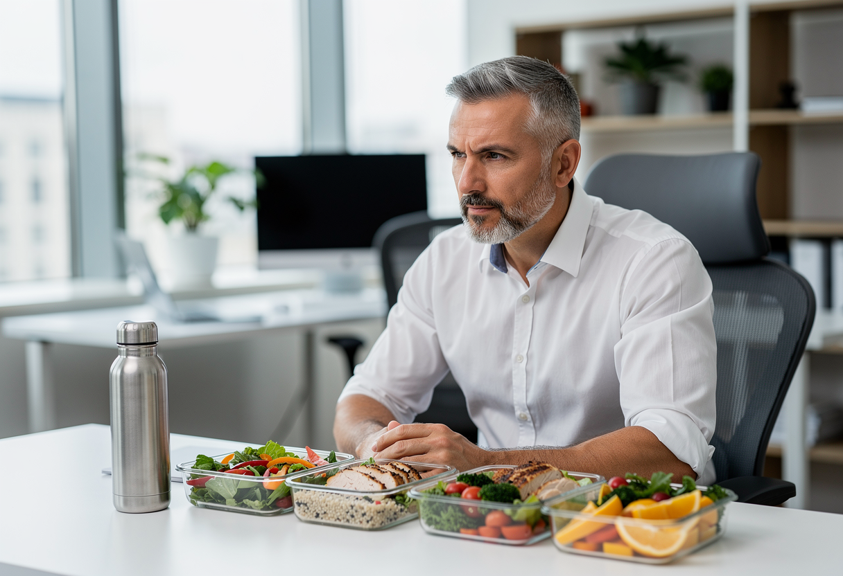 Professional man in his early fifties with short gray hair and beard, wearing a crisp white shirt, sitting in a modern office with healthy lunch containers on his desk, showing determination to maintain wellness despite busy schedule